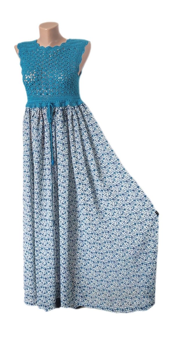 Rochie lungă crosetata si voal cu flori albastru turcoaz
