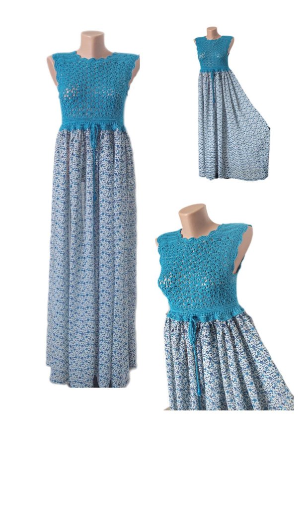 Rochie lungă crosetata si voal cu flori albastru turcoaz