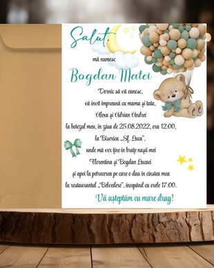Invitatie botez baietei Ursulet cu baloane