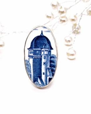 Inel din argint si fragment de portelan "Tower"