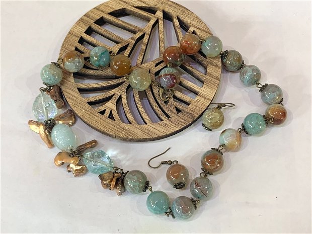 SET~SEA BREEZE~agate,perle de cultură,accesorii bronz