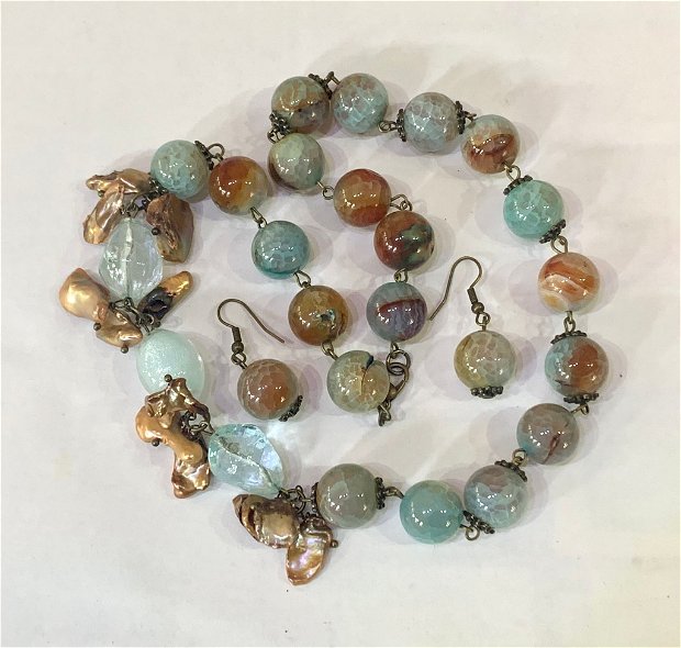 SET~SEA BREEZE~agate,perle de cultură,accesorii bronz
