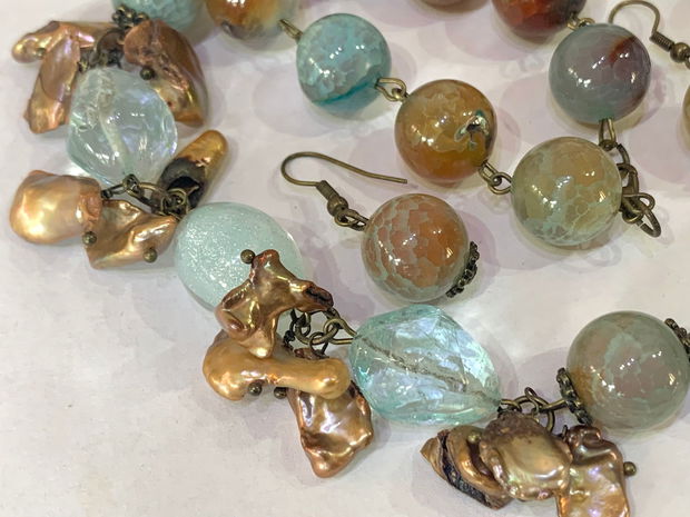 SET~SEA BREEZE~agate,perle de cultură,accesorii bronz