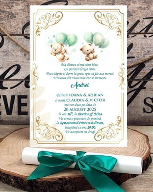 Invitatie papirus URSULETI cu baloane verzi (PM210)