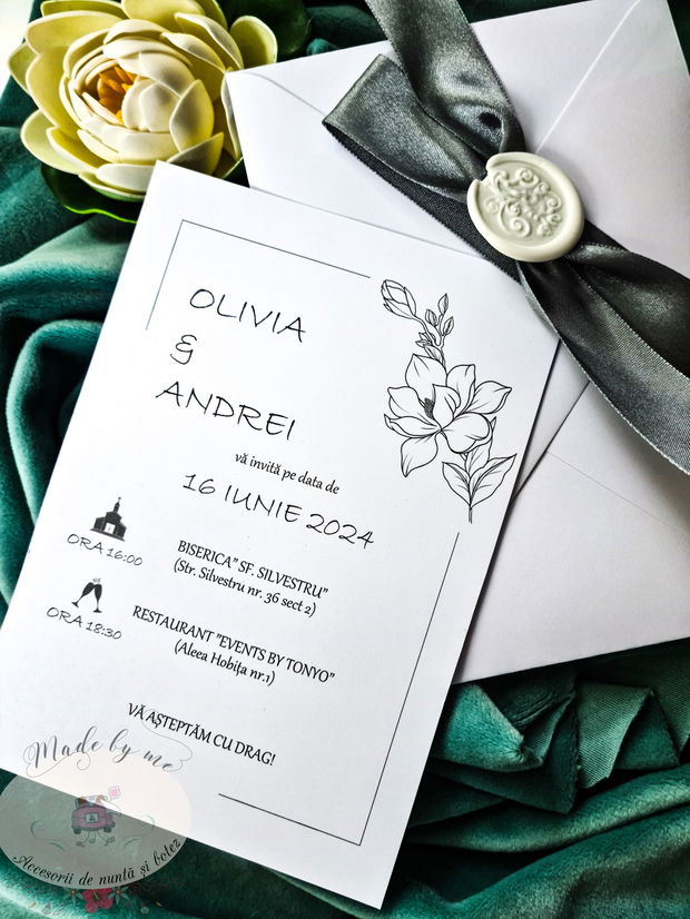 Invitatie alb negru cu floare