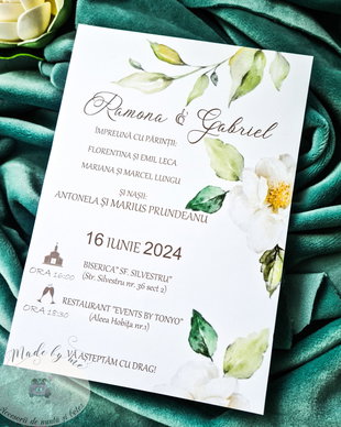 Invitatie nunta pastel cu flori albe