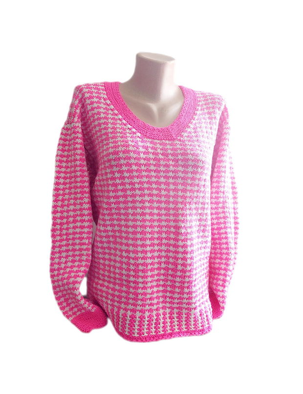 Bluza tricotata manual din amestec lână roz Pink alb