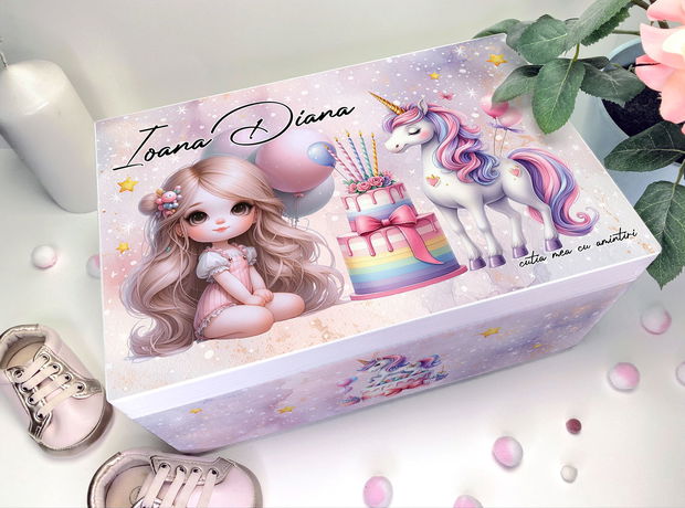 Cutie Amintiri Copii Personalizată - Fetita si unicornul