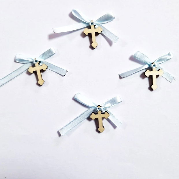 Set 10 cruciulite botez, MCF, Traditional, lemn, 3x2cm, funda baby blue