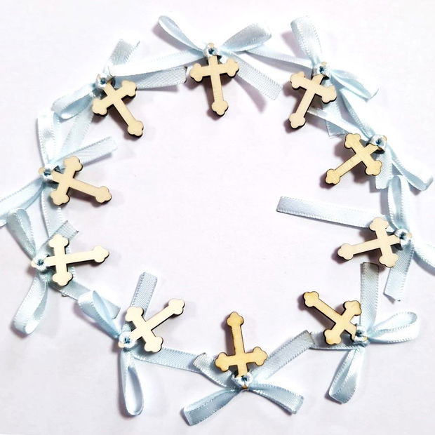 Set 10 cruciulite botez, MCF, Traditional, lemn, 3x2cm, funda baby blue