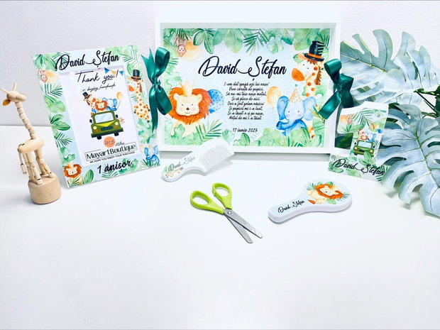 Set aniversar personalizat 1 anisor - Jungle Party - Tavita mot si accesorii