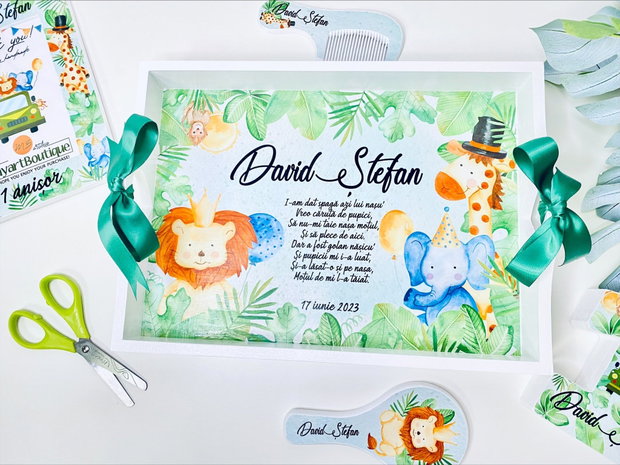 Set aniversar personalizat 1 anisor - Jungle Party - Tavita mot si accesorii