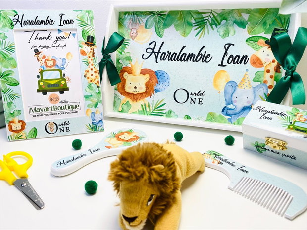 Set aniversar personalizat 1 anisor - Jungle Party - Tavita mot si accesorii