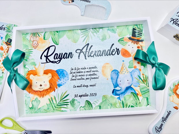 Set aniversar personalizat 1 anisor - Jungle Party - Tavita mot si accesorii