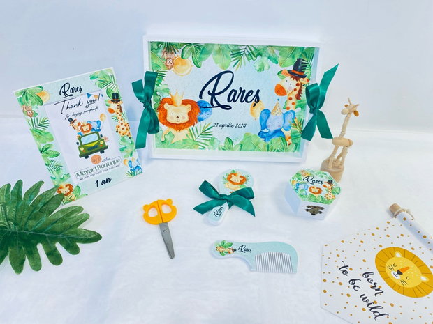 Set aniversar personalizat 1 anisor - Jungle Party - Tavita mot si accesorii