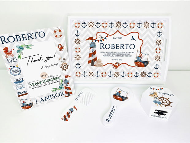 Set aniversar personalizat 1 anisor - Nautical - Tavita mot si accesorii