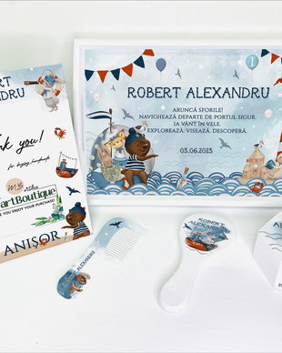 Set aniversar personalizat 1 anisor - Aventuri pe mare - Tavita mot si accesorii