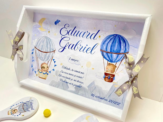 Set aniversar personalizat 1 anisor - Hot Air Balloon - Tavita mot si accesorii