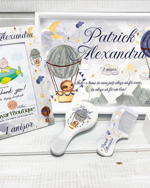 Set aniversar personalizat 1 anisor - Hot Air Balloon - Tavita mot si accesorii