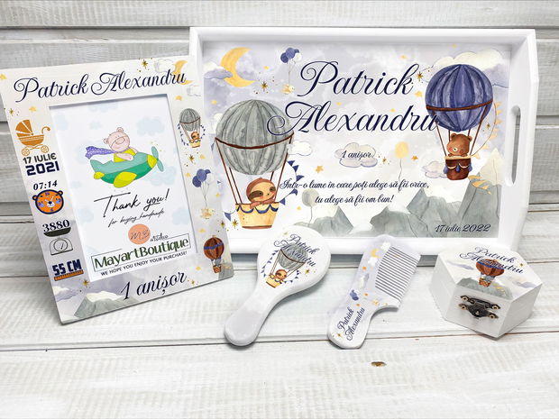 Set aniversar personalizat 1 anisor - Hot Air Balloon - Tavita mot si accesorii