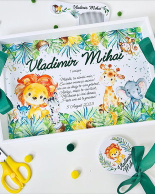 Set aniversar personalizat 1 anisor - Safari Friends - Tavita mot si accesorii