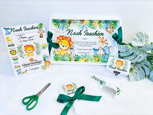 Set aniversar personalizat 1 anisor - Safari Friends - Tavita mot si accesorii