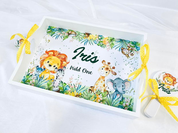 Set aniversar personalizat 1 anisor - Safari Friends - Tavita mot si accesorii