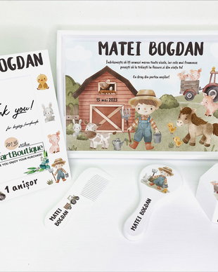 Set aniversar personalizat 1 anisor - Ferma animalelor - Tavita mot si accesorii