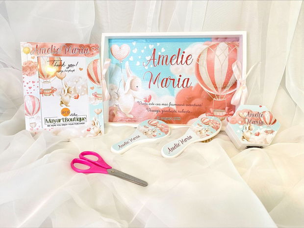 Set aniversar personalizat 1 anisor - Lovely Bunny - Tavita turta si accesorii