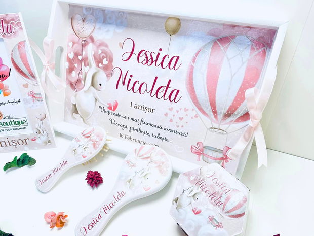 Set aniversar personalizat 1 anisor - Lovely Bunny - Tavita turta si accesorii