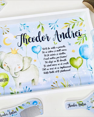 Set aniversar personalizat 1 anisor - Elefantel - Tavita mot si accesorii
