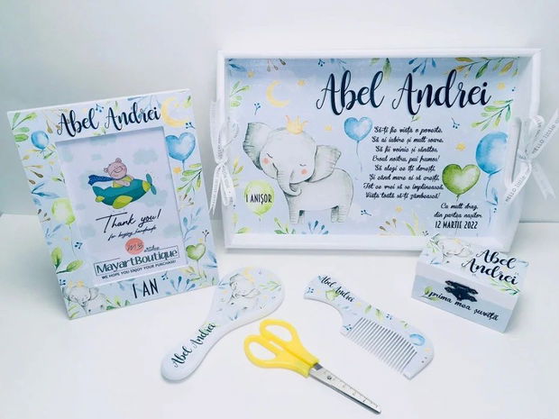 Set aniversar personalizat 1 anisor - Elefantel - Tavita mot si accesorii