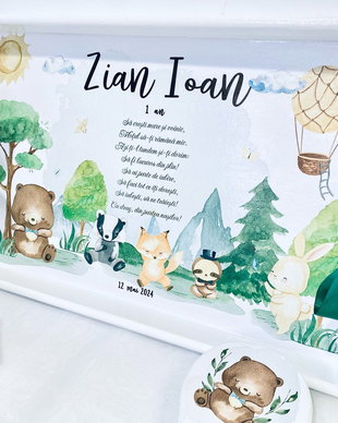 Set aniversar personalizat 1 anisor - Forest Friends - Tavita mot si accesorii