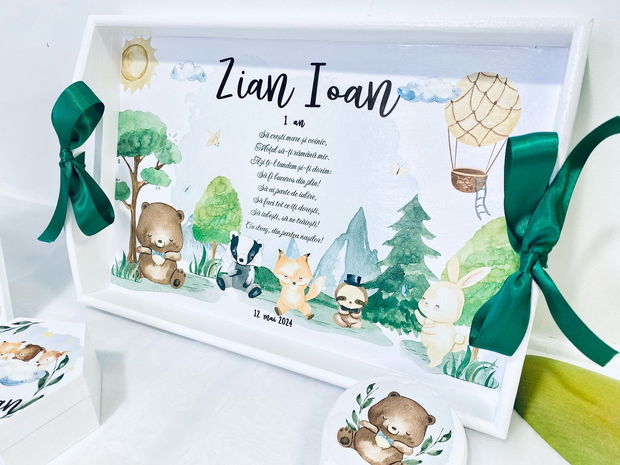 Set aniversar personalizat 1 anisor - Forest Friends - Tavita mot si accesorii