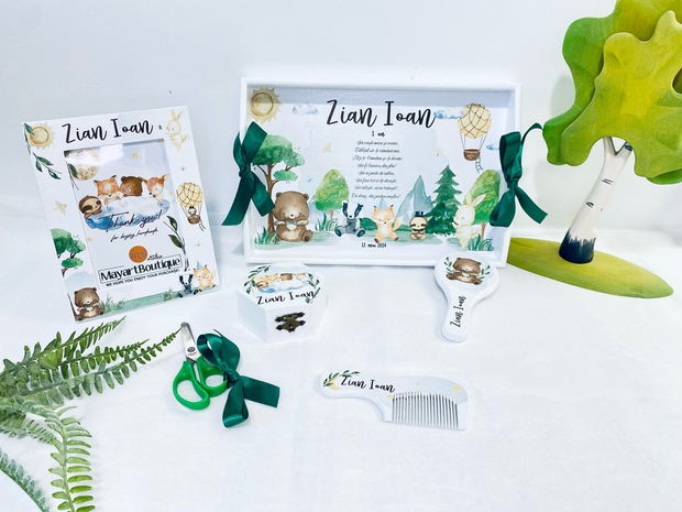 Set aniversar personalizat 1 anisor - Forest Friends - Tavita mot si accesorii