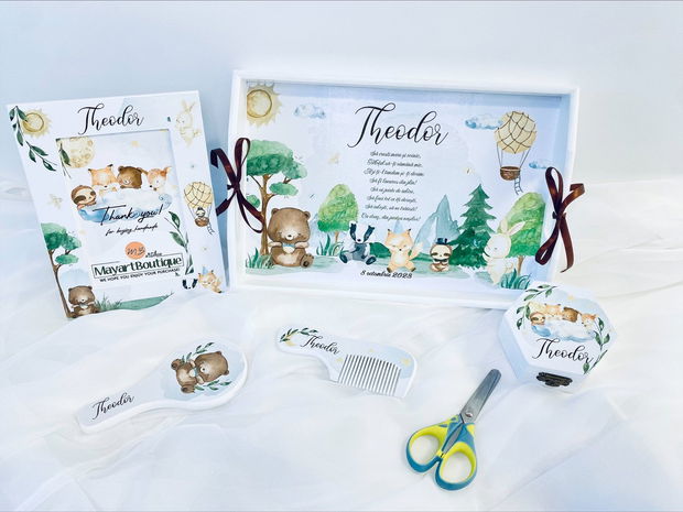 Set aniversar personalizat 1 anisor - Forest Friends - Tavita mot si accesorii