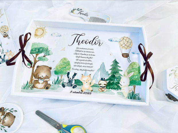 Set aniversar personalizat 1 anisor - Forest Friends - Tavita mot si accesorii