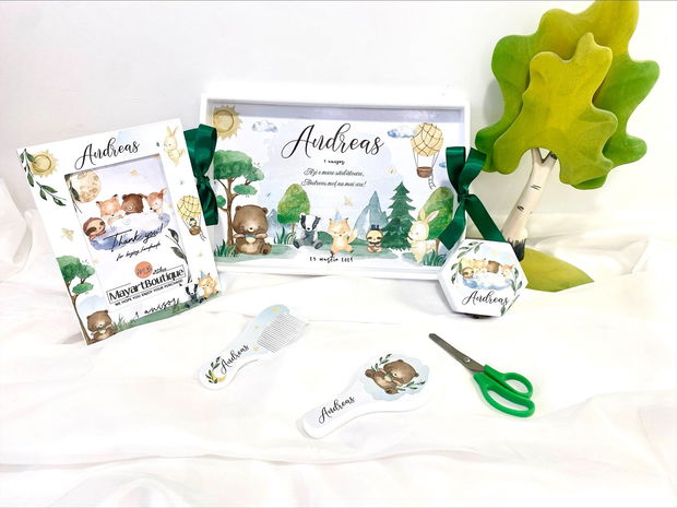 Set aniversar personalizat 1 anisor - Forest Friends - Tavita mot si accesorii