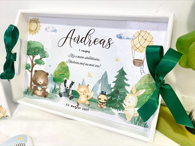 Set aniversar personalizat 1 anisor - Forest Friends - Tavita mot si accesorii