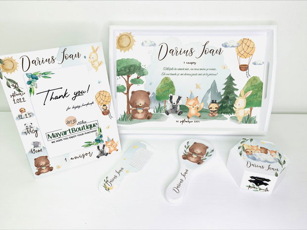 Set aniversar personalizat 1 anisor - Forest Friends - Tavita mot si accesorii