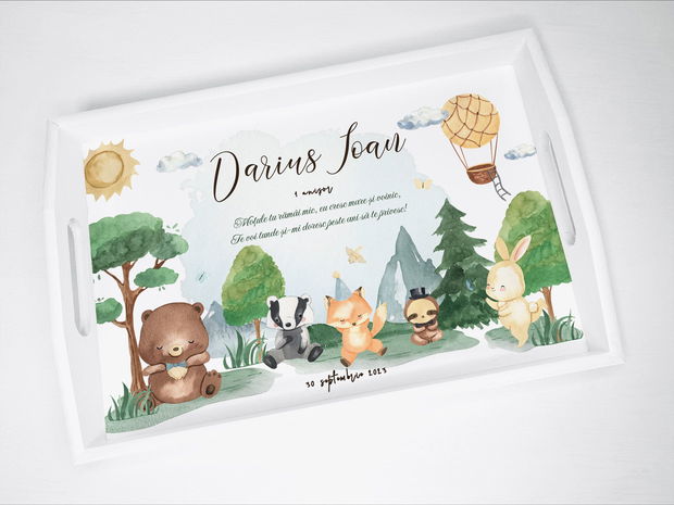 Set aniversar personalizat 1 anisor - Forest Friends - Tavita mot si accesorii