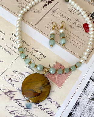 Colier cu pandantiv "Tiger Eye"・Colier cu perle・Colier margele semipretioase