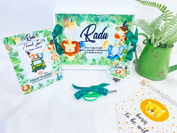 Set aniversar personalizat 1 anisor - Jungle Party - Tavita mot si accesorii