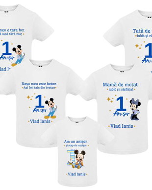 Set de 5 tricouri aniversare pentru nasi,parinti si copil, personalizate cu nume,varsta si mesaj