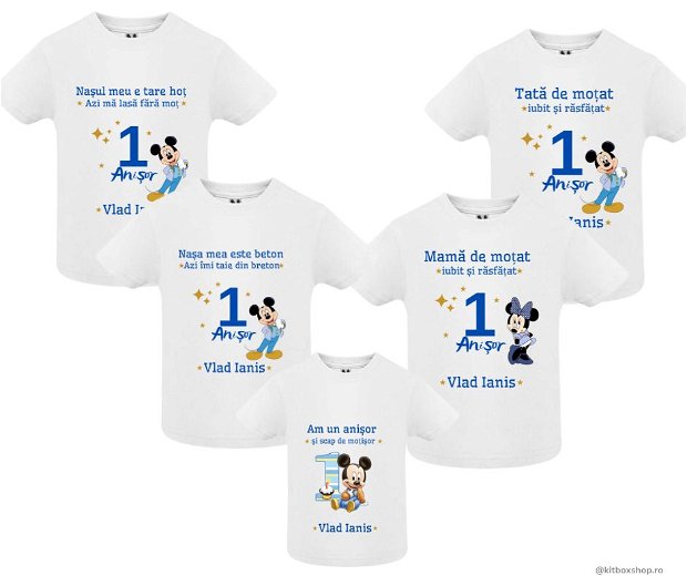 Set de 5 tricouri aniversare pentru nasi,parinti si copil, personalizate cu nume,varsta si mesaj