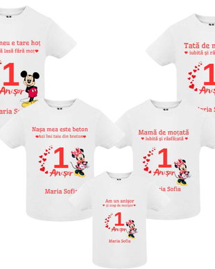 Set de 5 tricouri aniversare pentru nasi, parinti si copil, personalizate cu nume, varsta si mesaj