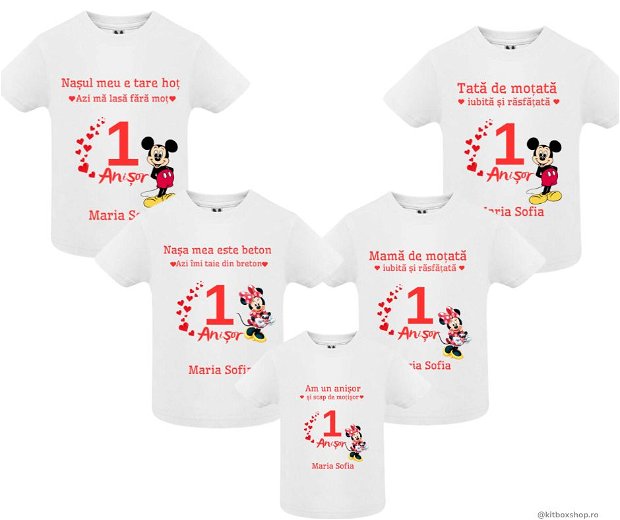 Set de 5 tricouri aniversare pentru nasi, parinti si copil, personalizate cu nume, varsta si mesaj