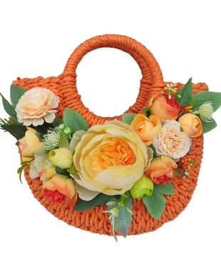 Geanta portocalie impletita, decorata cu flori, 24 x 8 x 15 cm