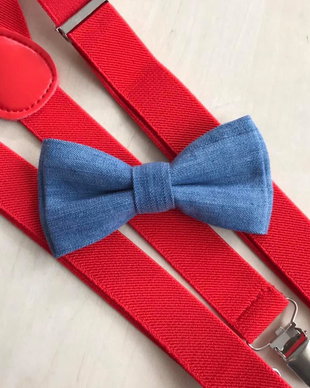 Set copil, papion din blug, denim si bretelute rosii