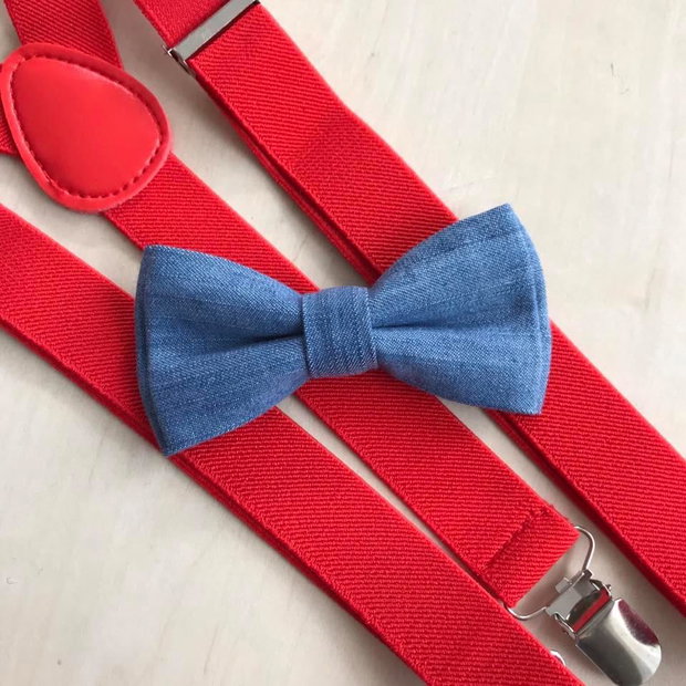 Set copil, papion din blug, denim si bretelute rosii